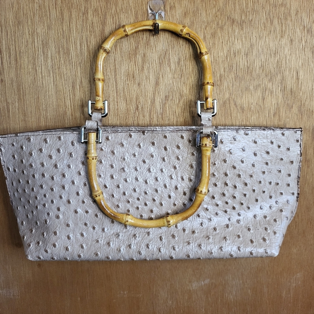 Maya Moon Handcrafted One-of-a-Kind Ostrich Handbag With Bamboo Handles. - Picture 3 of 16
